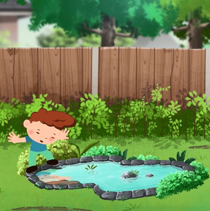 Graphic of a boy about to step on to a pond