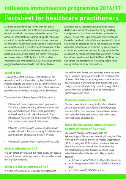 Influenza immunisation programme 2017/18 Factsheet for healthcare practitioners Influenza immunisation programme 2017/18 Factsheet for healthcare practitioners