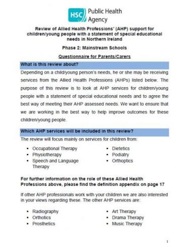 Phase 2 Parent/Carer Questionnaire: Review of Allied Health Professions’ (AHP) support for children/young people with a statement of special educational needs
