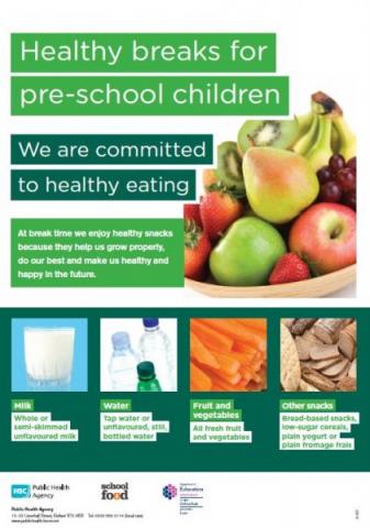 Healthy breaks for pre-school children poster (English and Irish translation)