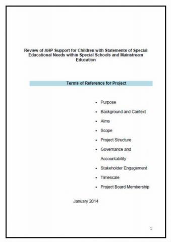 Terms of Reference for Project: Review of AHP Support for Children with Statements of Special Educational Needs in Special Schools and Mainstream Education
