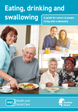 Image of cover of Eating, drinking and swallowing leaflet showing an array of people who may have difficulties eating, drinking or swallowing