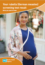 Rubella leaflet cover showing smiling pregnant woman dressed in royal blue