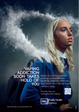 Image of vaping poster showing female teen with a hand made of vapour gripping her shoulder