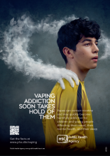 Image of vaping poster showing male teen with a hand made of vapour gripping his shoulder