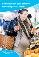 Syphilis leaflet cover showing smiling pregnant woman choosing fruit in market