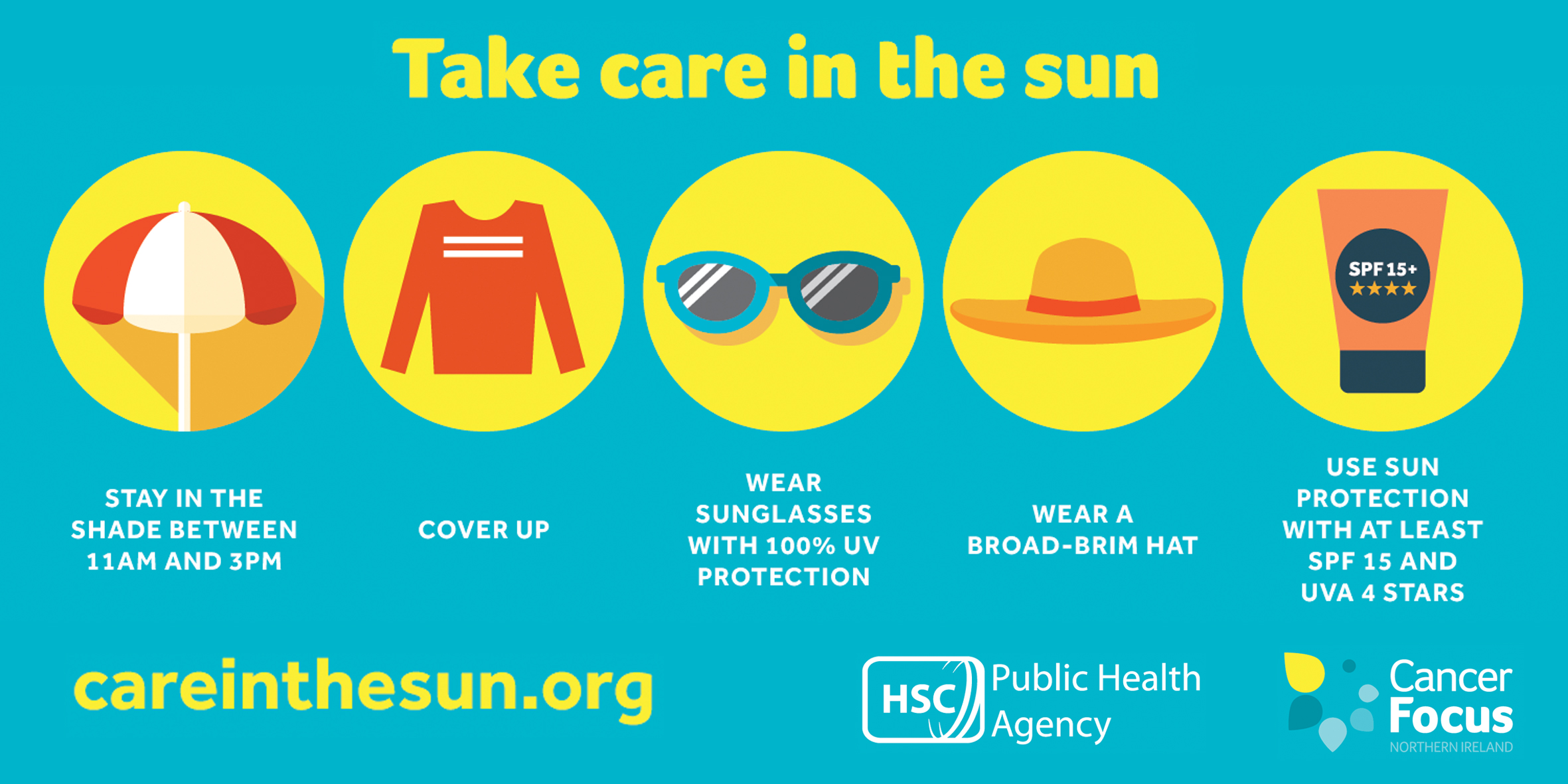 On a blue background the graphic says “care in the sun” in yellow writing. From left to right, the is a graphic of an umbrella and text that says, “stay in the shade between 1am and 3pm”; a graphic of a red long-sleeved top and text that says, “cover up”; a graphic of blue sunglasses and text that says, “wear sunglasses with 100& UV protection”; a graphic of an orange and yellow hat and text that says, “wear a broad-brim hat”; and a graphic of suncream and text that says, “use sun protection with at least S