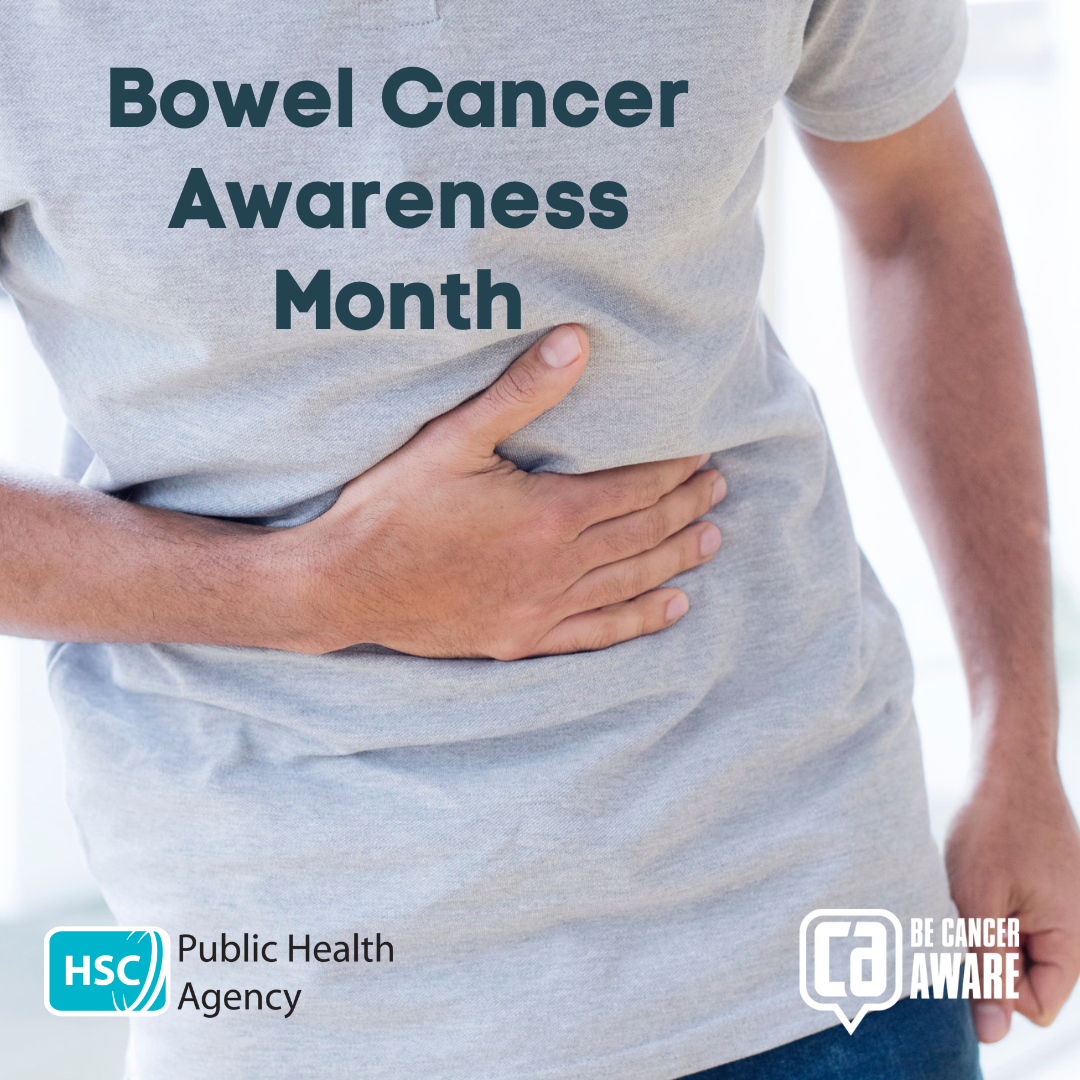 A man in a grey t-shirt holds his hand across his body with text above that reads: "Bowel Cancer Awareness Month"