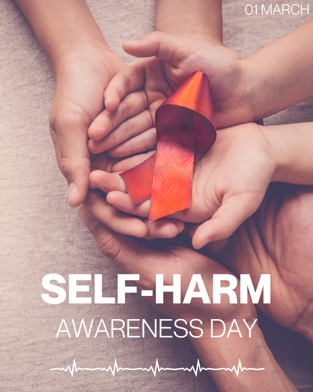 Two sets of hands holding an orange ribbon with text that reads: "Self-harm awareness day"