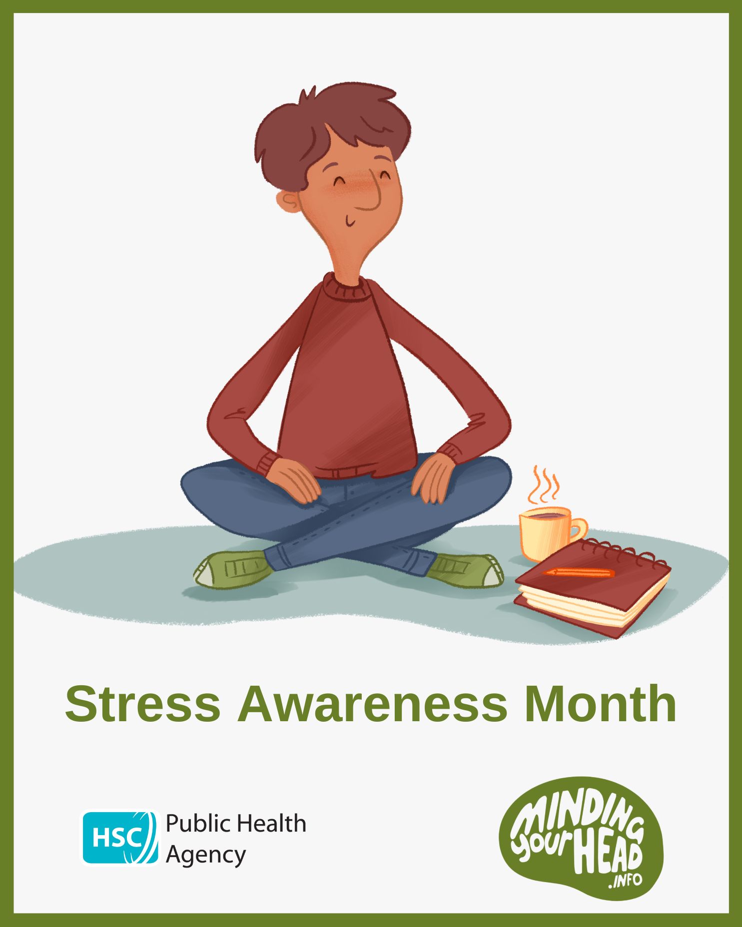 A green graphic with an illustration of a person sitting cross-legged meditating. The Minding Your Head website logo and Public Health Agency logo are in the corner.