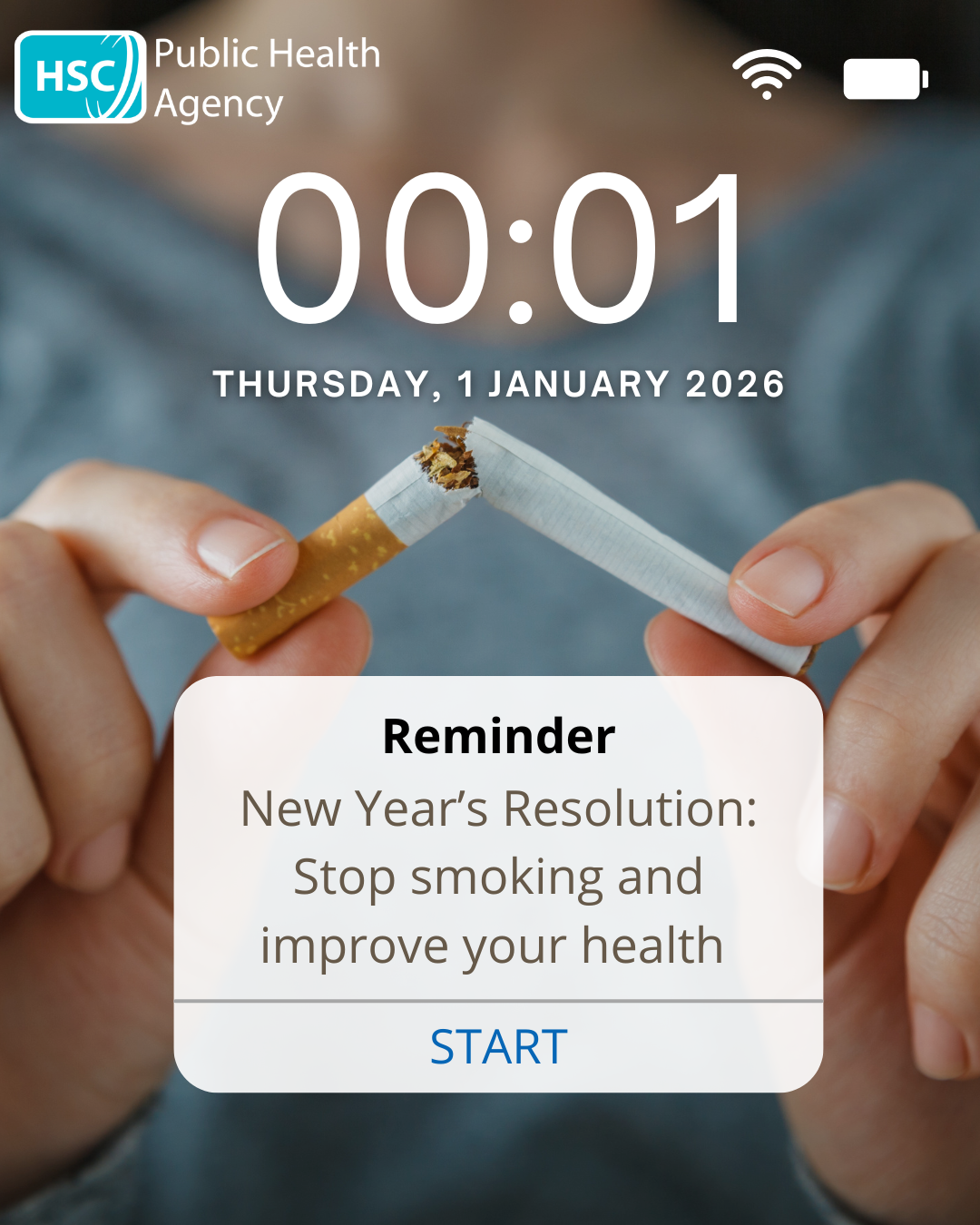 Photograph of someone breaking a cigarette to symbolise quitting smoking with text saying Thursday 1 Jan 2026, reminder to set a new years resolution to quit smoking.