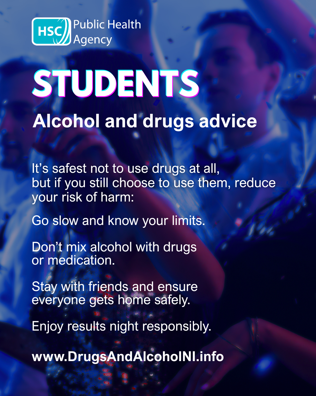 Graphic showing young people at a party, with text containing alcohol and drug safety advice 