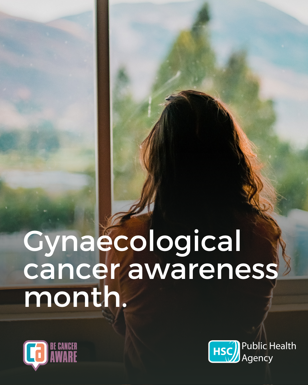 Graphic showing woman looking out a window with the text "Gynaecological cancer awareness month". 