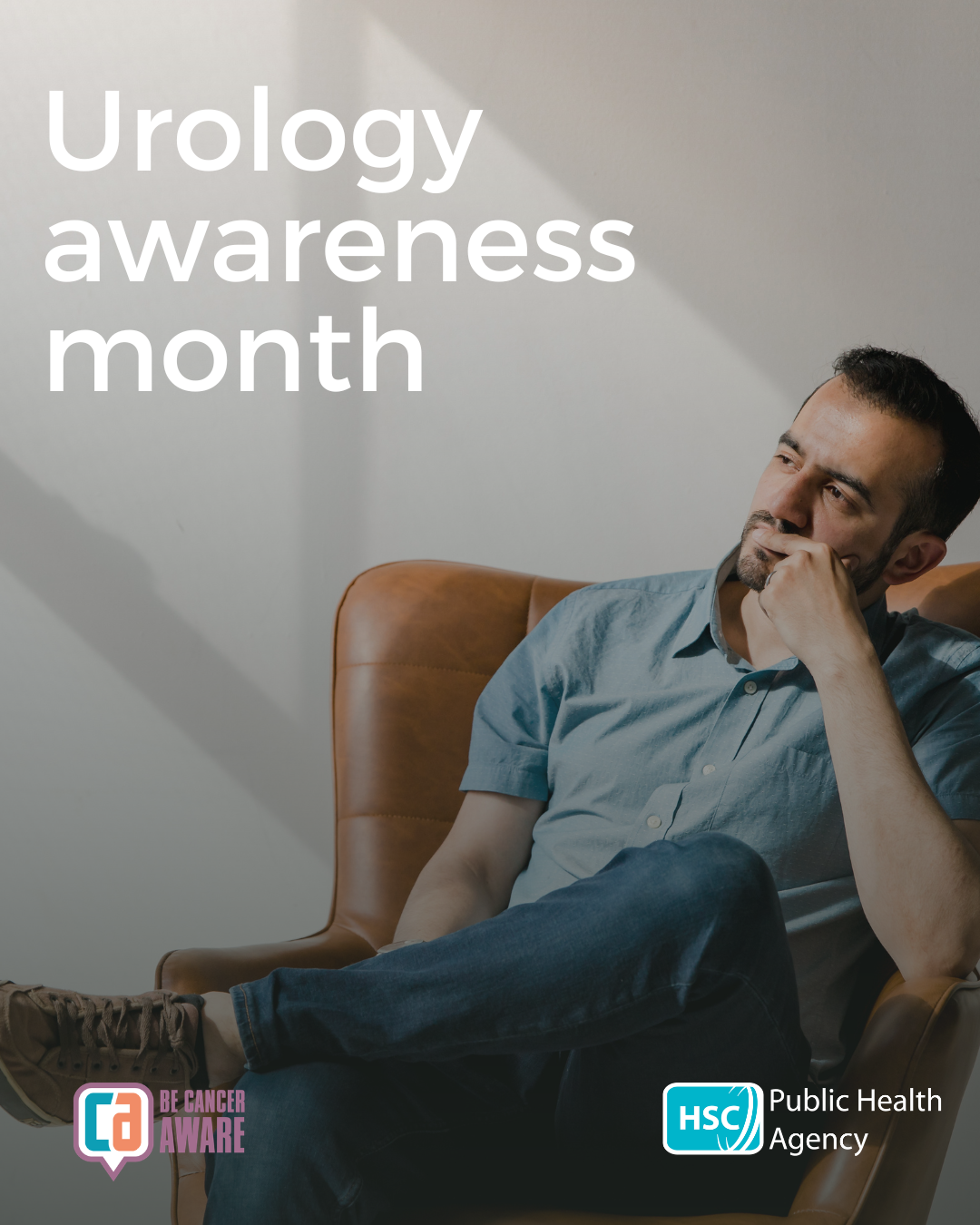 Graphic of man sitting thinking on a chair, with the PHA and Be Cancer Aware logos and text saying "urology awareness month"