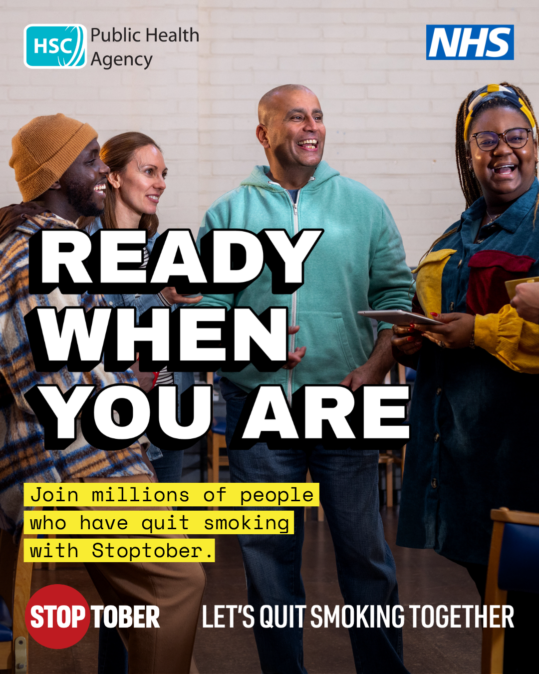 Image of people standing chatting and supporting each other to quit smoking during Stoptober, with text "ready when you are" and partner organisations logos
