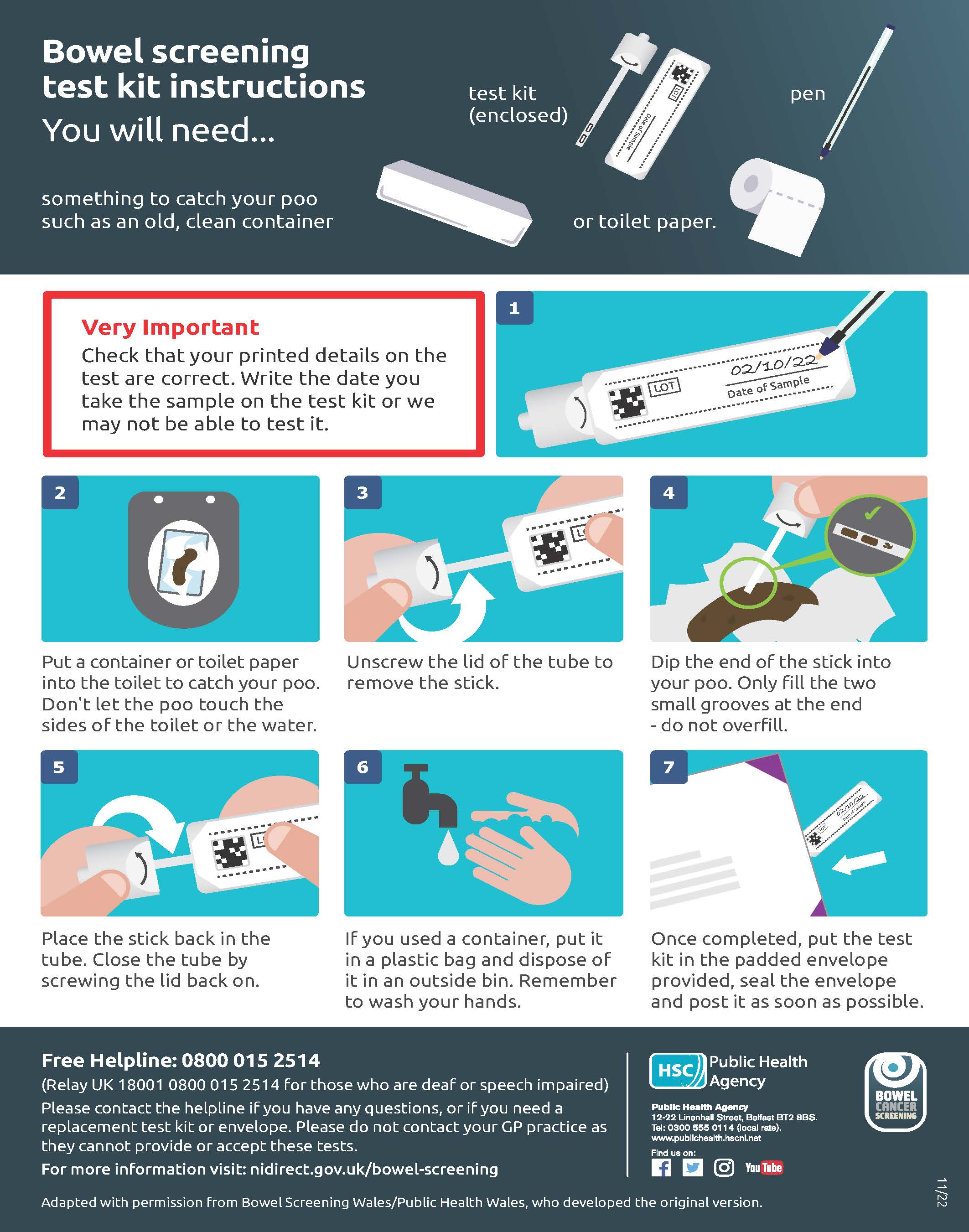 Image of bowel cancer screening test kit instruction sheet