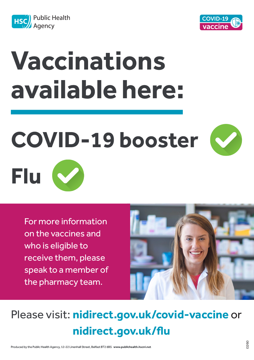 COVID and flu vaccine poster featuring smiling pharmacist