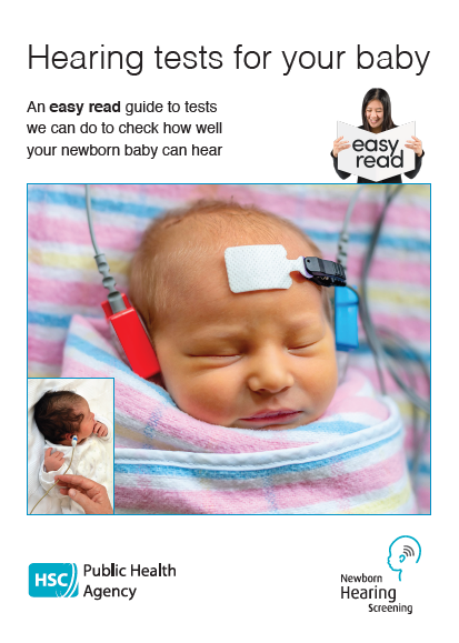 Cover image of leaflet Hearing tests for your baby with image of sleeping baby wrapped in pink and blue blanket having a hearing test