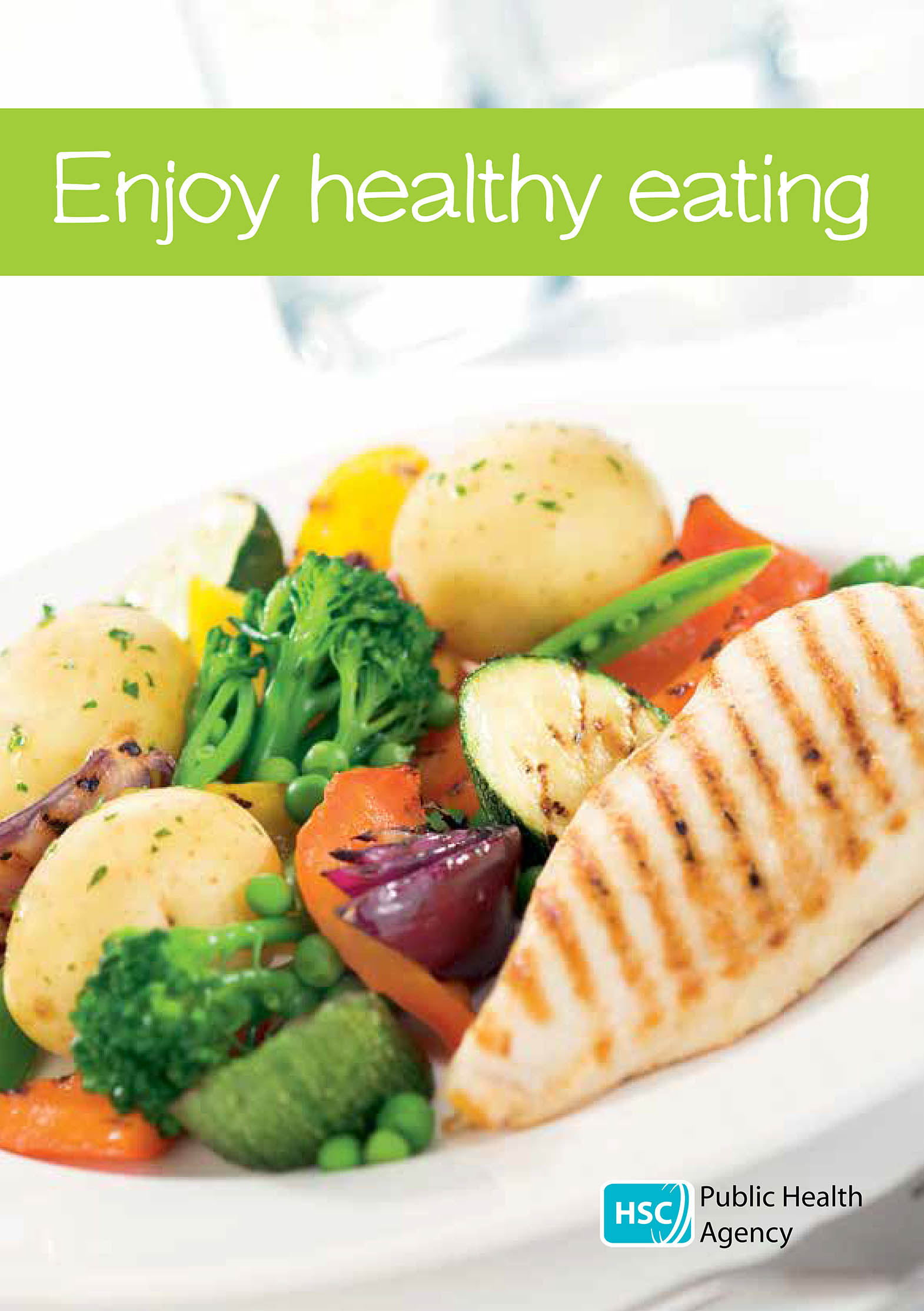Enjoy healthy eating leaflet cover showing a plate of grilled chicken, vegetables and boiled potatoes