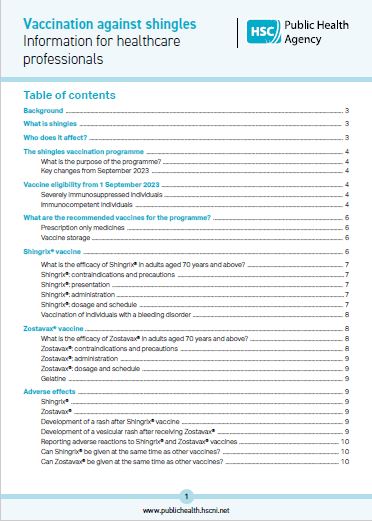 Shingles factsheet for healthcare professionals cover and contents page