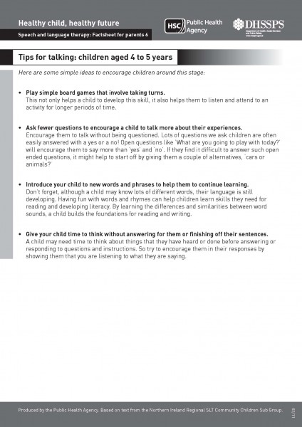 Healthy child, healthy future - Speech and language therapy: Factsheet for parents 6. Tips for talking: children aged 4 to 5 years