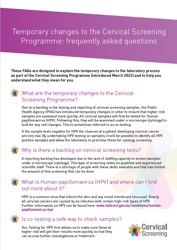 Cover of FAQs on temporary changes to the Northern Ireland Cervical Screening Programme