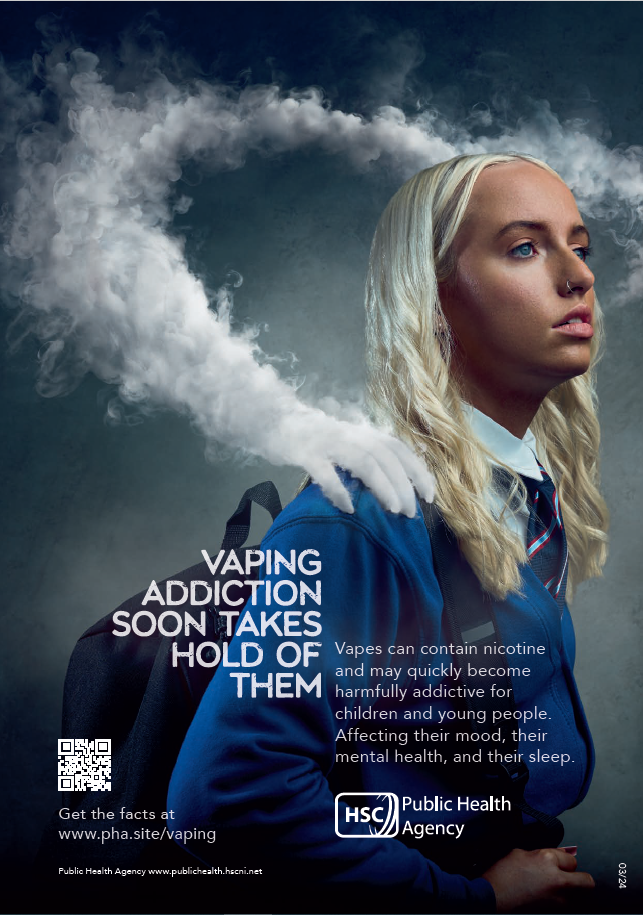 Image of vaping poster showing female teen with a hand made of vapour gripping her shoulder