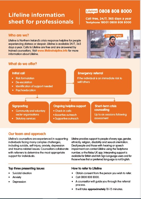 Front page of Lifeline professionals information sheet