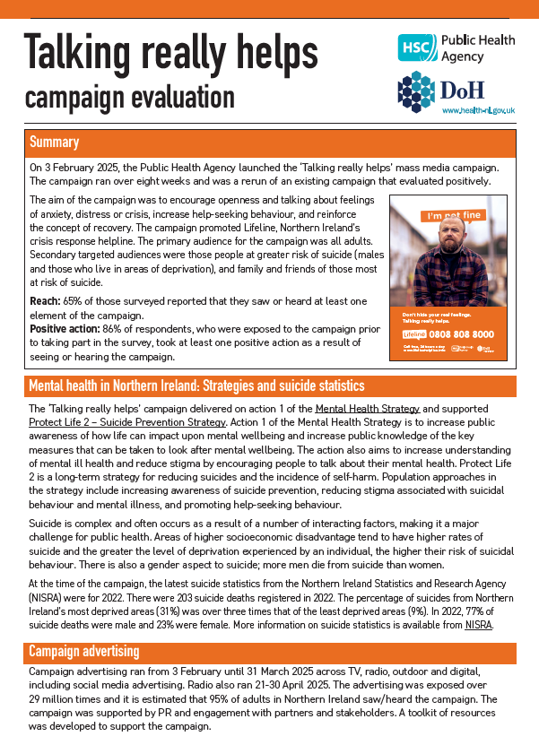 Front cover of A4 summary and background to report featuring an image of a man outside in a street with the telephone helpline number underneath his image.