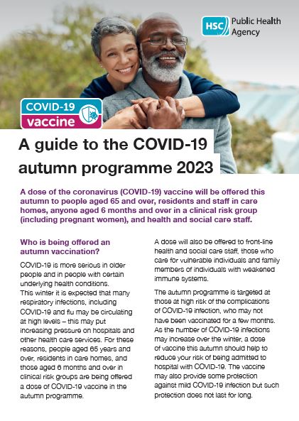COVID vaccine programme leaflet for autumn 2023 featuring smiling older couple
