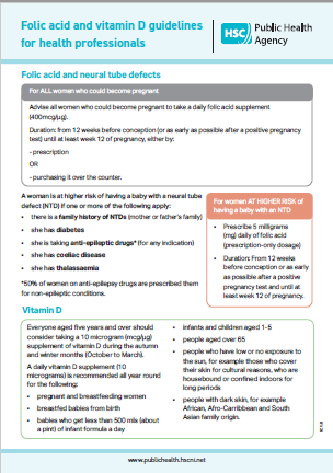 Cover image of poster on folic acid and vitamin D guidelines for health professionals