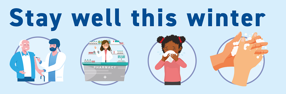 Web banner showing a male getting a vaccination, a friendly female pharmacist, a child covering a sneeze and hand washing.