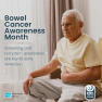 Image of man holding his stomach with added text 'Bowel Cancer Awareness Month - Screening and symptom awareness are key to early detection'
