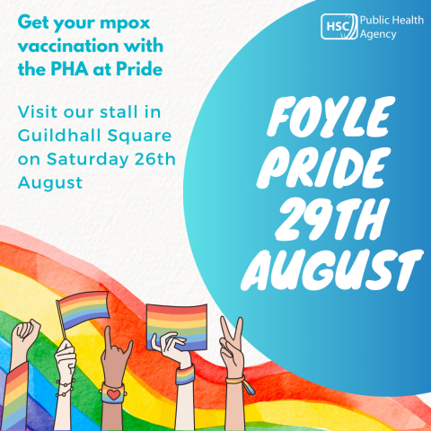 An image showing that mpox vaccinations will be available at Foyle Pride on Saturday 26th August in Guildhall Square.
