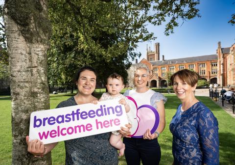 Pictured (L-R) Queen’s staff member Sorcha Mac Laimhin with her baby Meadhbh, Dr Hannah McCourt, Senior Health and Wellbeing Improvement Officer at Public Health Agency and Dr Maria Healy, Senior Lecturer in Midwifery Education and Swan Champion, School of Nursing and Midwifery at Queen’s University.