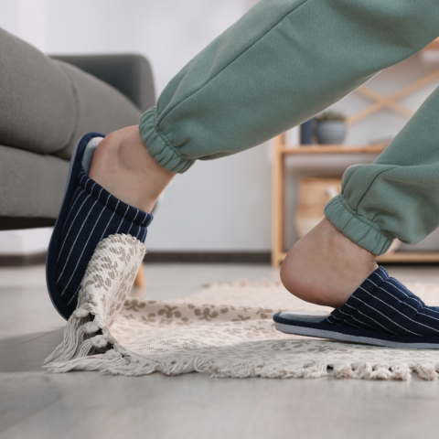 A person tripping over a loose mat