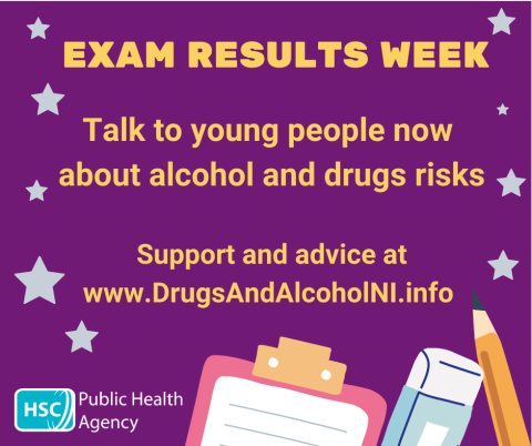 graphic show purple background and yellow text Exam results talk to young people now about drugs and alcohol risks