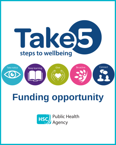 The take 5 steps to wellbeing logo with text that says "funding opportunity" below