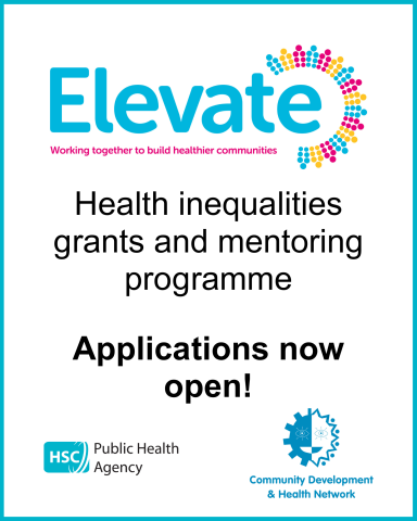 Elevate logo with text that says; Health inequalities grants and mentoring programme  Applications now open!"