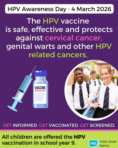 Graphic of school children and a vaccination, with text saying "The HPV vaccine is safe, effective and protects against cervical cancer, genital warts and other HPV related cancers