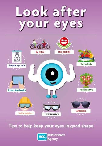 Look after your eyes leaflet cover image showing array of icons representing how to look after your eyes