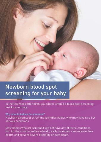 Newborn blood spot screening leaflet cover showing mother smiling at newborn baby