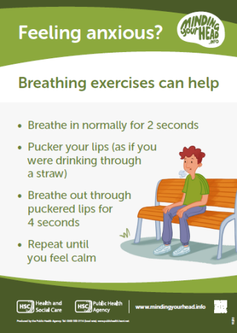 Breathing exercises poster with QR code and link to Minding your head website
