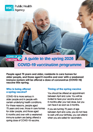 Cover image of COVID leaflet showing smiling older man leaning on a walking stick talking to a healthcare professional