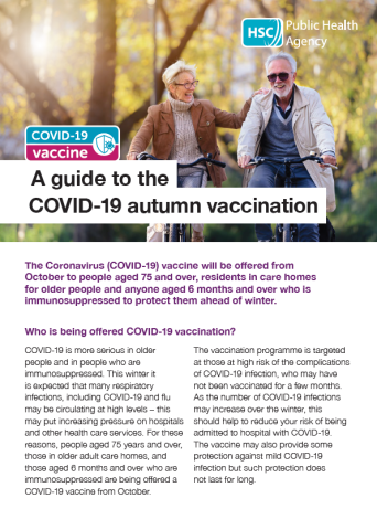 COVID-19 vaccine leaflet image featuring two older people smilking outdoors
