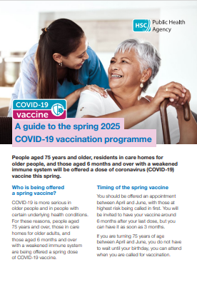 Cover image of the spring 2025 covid-19 vaccination programme leaflet showing older woman clutching walking stick and smiling with her healthcare worker