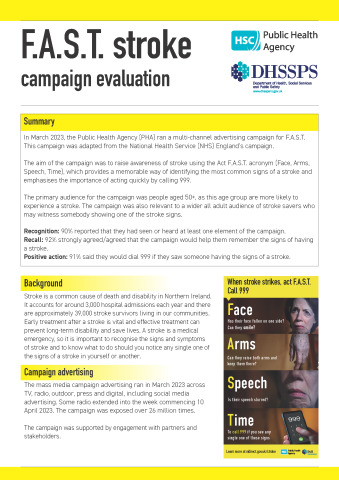 Front cover of A4 summary and background to report featuring four separate images of the F.A.S.T. acronym Face, Arms, Speech and Time