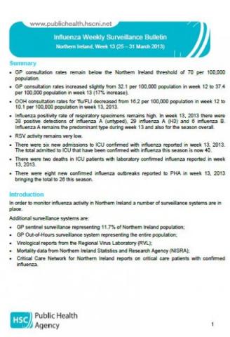 Influenza Weekly Surveillance Bulletin Northern Ireland, Week 13 (25 – 31 March 2013)