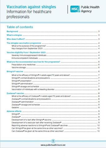 Shingles factsheet for healthcare professionals cover and contents page