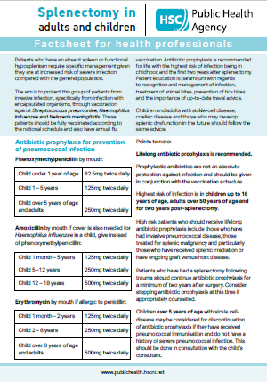 Cover of splenectomy factsheet for health professionals